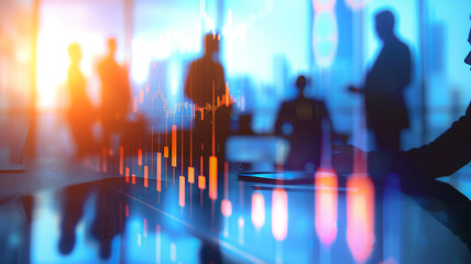 Business professionals analyzing benchmarking data, strategic meeting, vector illustration with blurred stock graph chart,