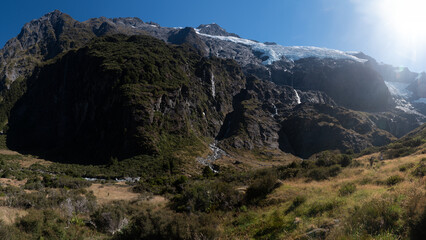 Panorama of the mountain and valley below the Rob Roy Glacier, Mount Aspiring National Park,