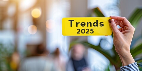 2025 Business Trends Concept: Hand Holding Yellow Template Sign Highlighting "Trends" for 2025. Illustrating Future Business and Marketing Strategies in High-Definition 4K Wallpaper Background.