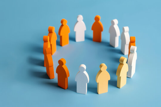 Colorful human figures in a circle representing unity and teamwork on a blue background, symbolizing collaboration and community.