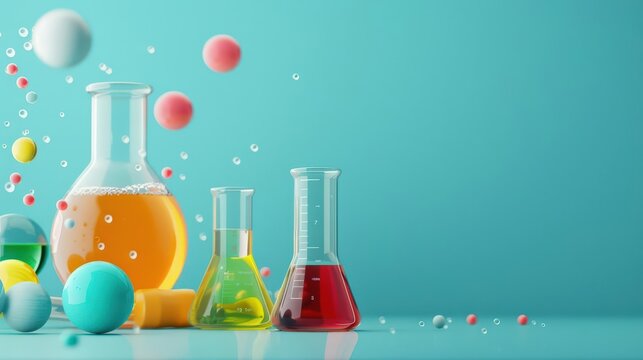 Colorful laboratory glassware with chemical reactions in a modern lab setting, vibrant liquids and floating spheres on a blue background.