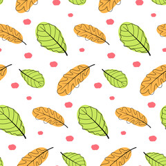 Seamless pattern with autumn leaves in doodle style on a white background. Autumn background. Vector illustration