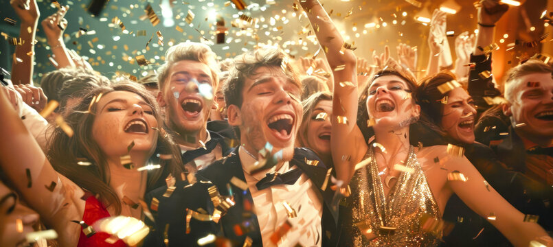A group of young people, dressed in formal attire, celebrate wildly at a nightclub. Confetti rains down on them as they sing and dance under golden lights