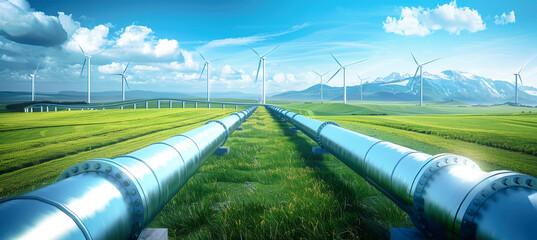 A digital landscape shows wind turbines and pipelines blending renewable and traditional energy for a sustainable future