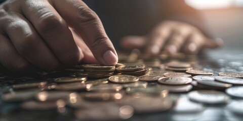 Hands counting change on a table. Money management and financial planning concept.