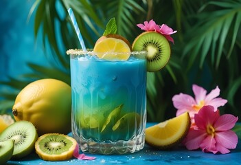 Fototapeta premium a close-up of a beautifully styled tropical drink with exotic fruits like pineapple and passion fruit,