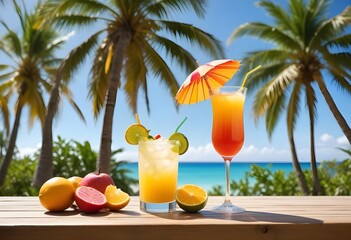 Obraz premium a close-up of a beautifully styled tropical drink with exotic fruits like pineapple and passion fruit,