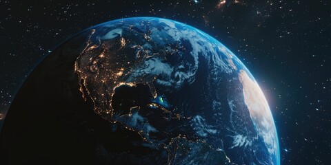 Planet Earth at night with lights and continents visible.