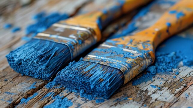 House renovation tools  old brushes, blue paint in tray, space for text or design