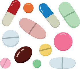 Set of different pills and capsules. Vector simple elements in flat style	
