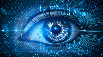 Close-up of a Human Eye Surrounded by Futuristic Cyberspace Elements, Depicting Advanced Cyber Technology and Vision Enhancement,  human eye against digital background with lines and dots,3d renderin