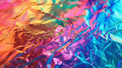 Abstract holographic gold type background, Gold foil paper background, holographic color wrinkled pearlescent foil. Holographic iridescent rainbow fabric abstract background.