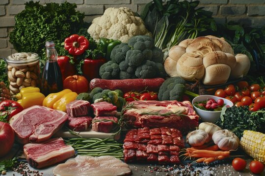 Variety of meat, vegetables and breads on a cutting board