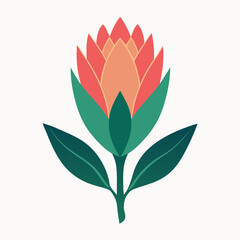 Proteus graphically drawing the logo. Protea flower vector art illustration. Vector tropical leaves.