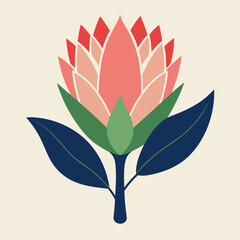 Proteus graphically drawing the logo. Protea flower vector art illustration. Vector tropical leaves.