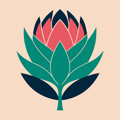 Proteus graphically drawing the logo. Protea flower vector art illustration. Vector tropical leaves.