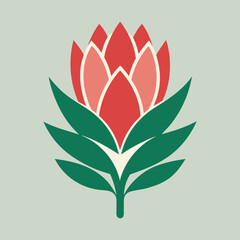 Proteus graphically drawing the logo. Protea flower vector art illustration. Vector tropical leaves.