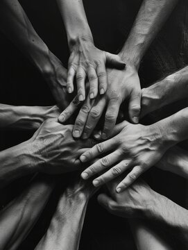 Close-up photo of many hands interlocked, symbolizing unity and teamwork.