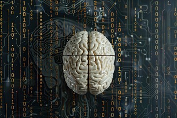 Human brain depicted with circuits and binary code, representing artificial intelligence, technology, and the fusion of biology with machines.