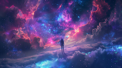 a man in nebula galaxy sky with clouds