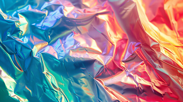 Abstract holographic gold type background, Gold foil paper background, holographic color wrinkled pearlescent foil. Holographic iridescent rainbow fabric abstract background.