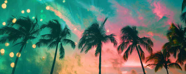 Obraz premium Palm trees silhouetted against a colorful sunset