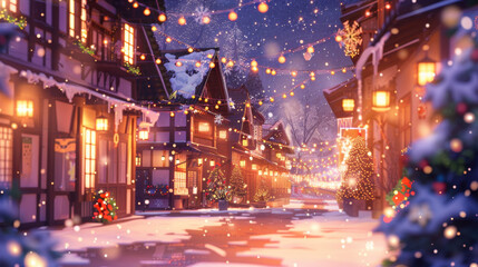 Charming winter street scene adorned with festive lights, decorated Christmas trees, and gentle snowfall in a quaint village atmosphere