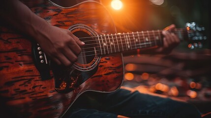 Intimate stage setting  acoustic guitar and mic under spotlight for live performance ambiance