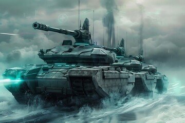 Fototapeta premium Futuristic Military Tank Navigating Rough Seas.