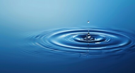 Exquisite Single Water Droplet Creating Perfect Ripples on Blue Serene Surface - Generative AI