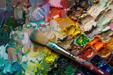 Art Palette with Colorful Mixed Paints and Brushes for Oil and Acrylic Painting
