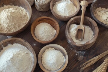 Fototapeta premium Variety of spices in wooden bowls, suggesting a kitchen setting with natural and organic ingredients.