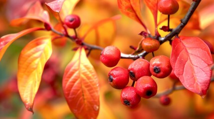 Close-up of red berries on vibrant autumn leaves. This nature image shows the beauty of fall colors and season change. Ideal for seasonal projects, backgrounds, and botanical studies. AI