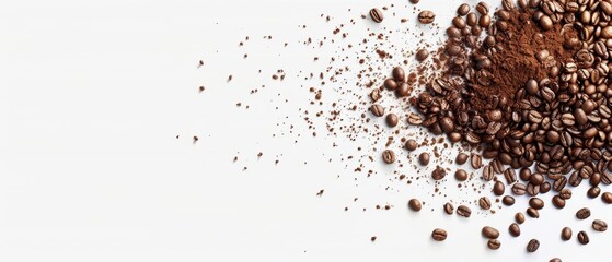 A coffee explosion with beans and steaming liquid bursting outward, banner, with copy space
