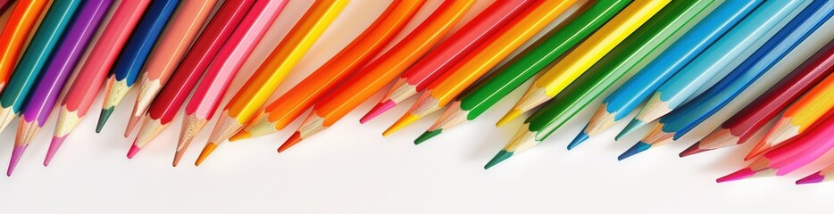 Fototapeta premium Colorful pencils arranged in an abstract wave pattern on white background, creating a colorful and playful border for educational or creative designs.