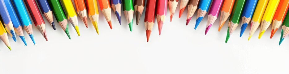 Fototapeta premium Colorful pencils arranged in an abstract wave pattern on white background, creating a colorful and playful border for educational or creative designs.