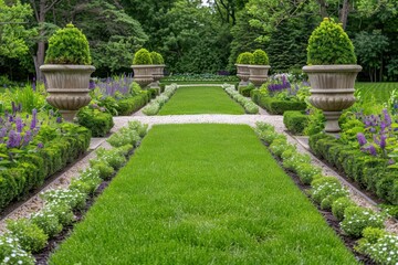A historical garden with traditional aesthetics, featuring classic design elements, heirloom plants, and timeless beauty, banner, with copy space