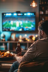 Obraz premium Man enjoying a football match from the comfort of home.