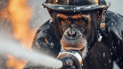 A monkey firefighter in protective gear, bravely extinguishing a fire with a hose, banner, with copy space