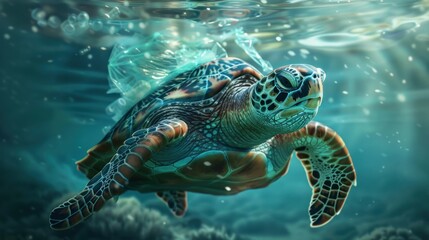 Fototapeta premium Turtle trapped in a plastic bag. environmental pollution of plastic waste in the sea
