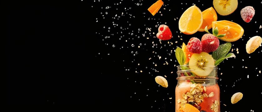 A smoothie explosion with colorful ingredients flying out dynamically, banner, with copy space