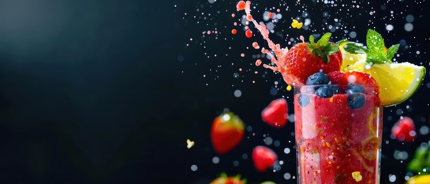 A smoothie explosion with colorful ingredients flying out dynamically, banner, with copy space