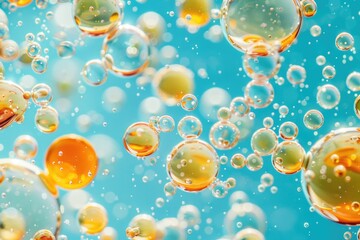 Fototapeta premium Colorful bubbles floating on the surface of water, likely from dish soap. Bubbles are round and shiny, reflecting light underwater.