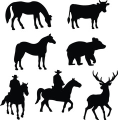 Animals vector contour outline silhouette, farm animals, wild animals, horse, bear, cow, reindeer 