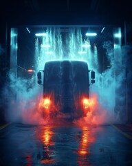 Nighttime train wash with misty water at depot, transportation concept in night photography