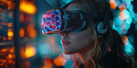Scientist wearing a virtual reality headset analyzing data visualizations with hexagonal patterns in a high-tech environment