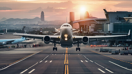 Commercial Airplane Taking Off from an Airport Runway at Sunset with City Skyline in the Background
