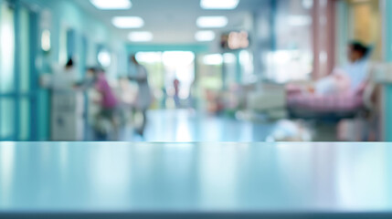 close up of empty table with blurred maternity hospital hall background