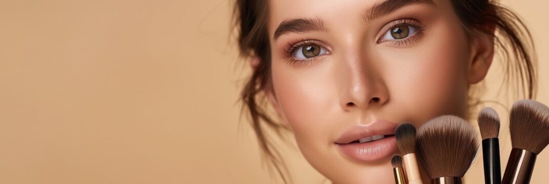 Elegantly in a chic setting, a radiant woman is confidently preparing for a stylish makeover using makeup brushes, radiating glamour and sophistication with elegance and confidence