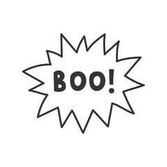 Boo Word in Explosion Frame. Halloween handwritten text in speech bubble. Isolated vector illustration. Line Sketch Doodle style